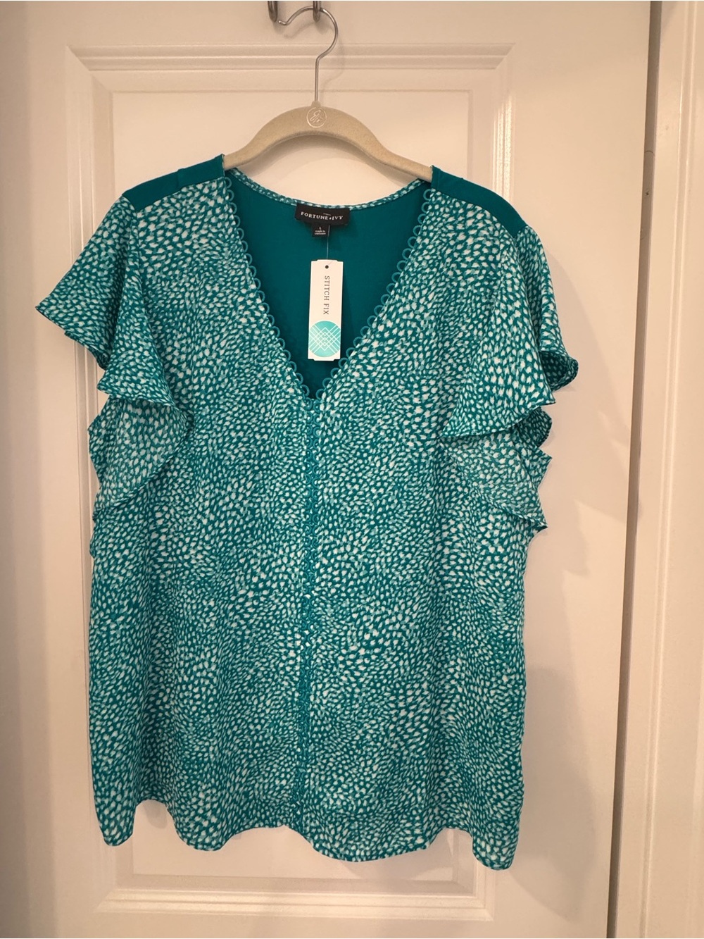 Foxcroft Teal Dot-Print Ruffle Sleeve V-Neck Blouse